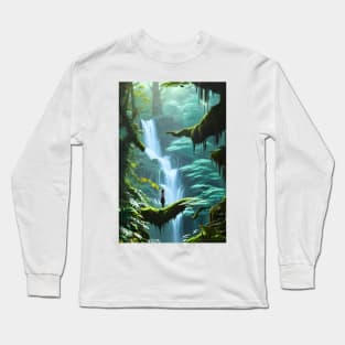 A Cute Girl Chilling with Waterfalls in a Forest Long Sleeve T-Shirt